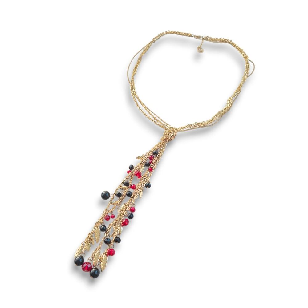 Erica Lyons Lariat Necklace Long Boho Western‎ Tassel Crystals Red & Black Chain
